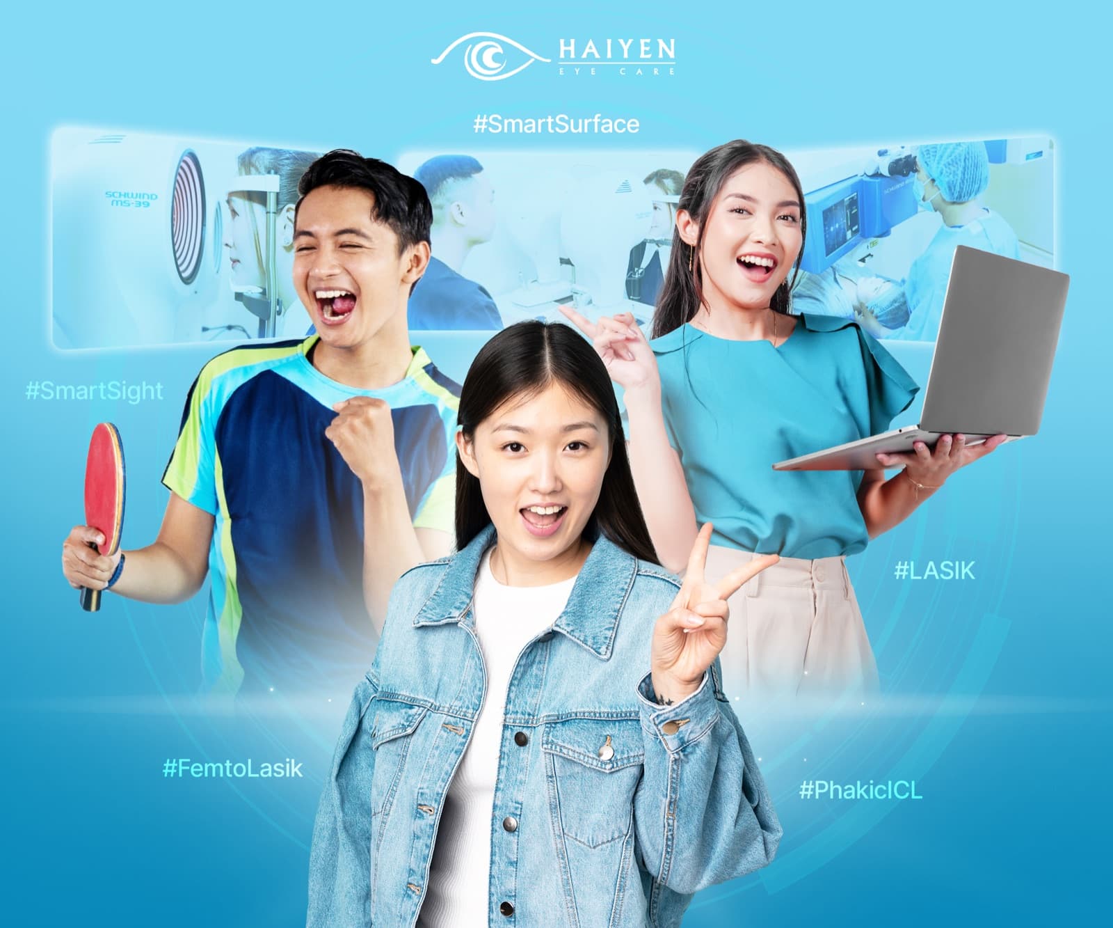 Những bệnh nhân trẻ vui vẻ sau phẫu thuật khúc xạ tại Hai Yen Eye Care, kèm tên các phương pháp